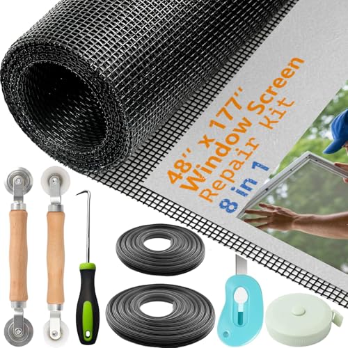 48"x177" Window Screen Replacement Kit & Screen Door Repair Kit, Fiberglass Mesh Roll with Spline, Roller, Hook, Cutter & Ruler, Sliding Screen Door & Window Mesh Replacement for Patio, Porch, Home - size: 48'' x 177''