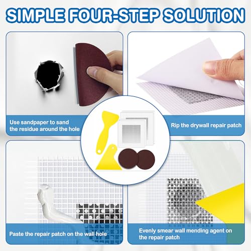 Drywall Repair Kit 4 Pack, 4, 6 Inch Aluminum Wall Repair Patch Kit with Small, Medium Scrapers, Sandpaper, Self Adhesive Fiber Mesh, Dry Wall Hole Repair Patch, Galvanized Metal Patch ( 8 Pcs ) - size: 8 Pcs (4",6")