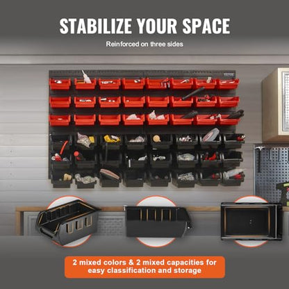 VEVOR 48-Bin Wall Mounted Storage Bins Parts Rack Organizer Garage Shop Tool Organizer for Screws, Nuts, Bolts, Nails, Beads, and Small Hardware Parts, With Wall Panels - style: 48-Bins