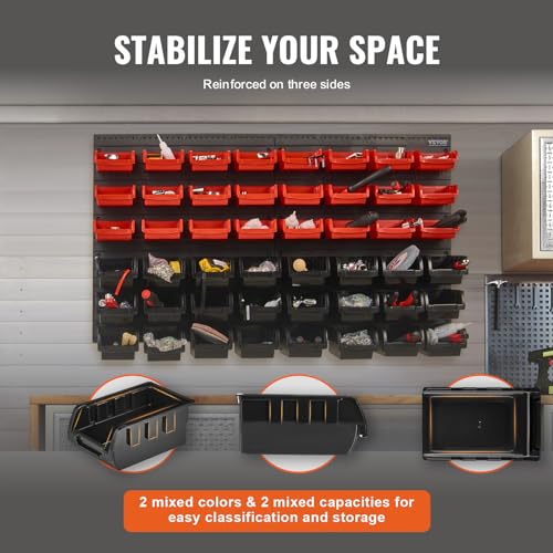 VEVOR 48-Bin Wall Mounted Storage Bins Parts Rack Organizer Garage Shop Tool Organizer for Screws, Nuts, Bolts, Nails, Beads, and Small Hardware Parts, With Wall Panels - style: 48-Bins