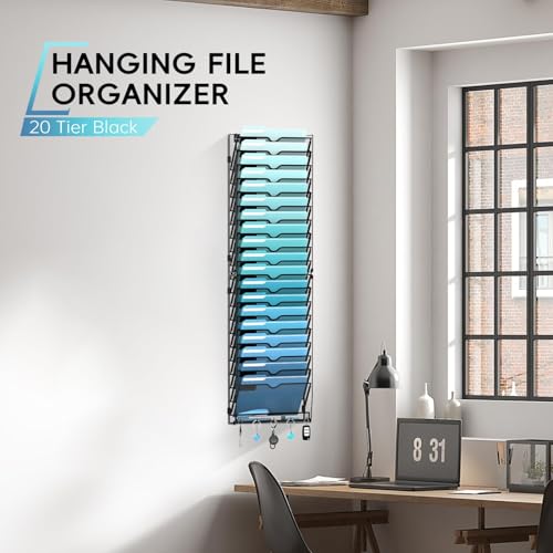 20-Tier Wall File Organizer with 5 Hooks, Hanging Mail Organizer Wall Mounted File Holder, Magazine Rack for Papers, Folders, Magazines, Office Organization, Assembly Needed, Black - size: 20 Tier-Black
