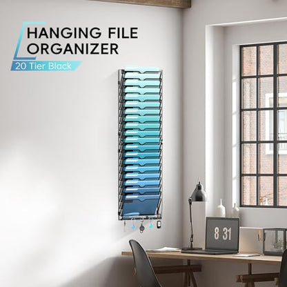20-Tier Wall File Organizer with 5 Hooks, Hanging Mail Organizer Wall Mounted File Holder, Magazine Rack for Papers, Folders, Magazines, Office Organization, Assembly Needed, Black - size: 20 Tier-Black