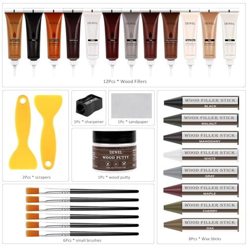 DEWEL Wood Furniture Repair Kit, 31 Pcs Scratch Repair Wood Filler, Wax Sticks with Wood Putty for Wood Floors, Scratches, Cracks, Hole, Laminate, Table, Bedposts - color: 12+8 Color