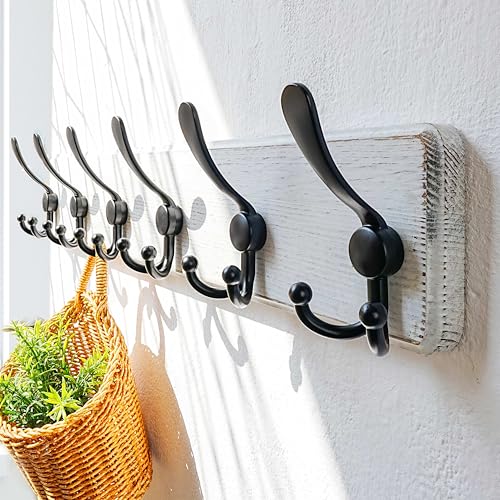 Dseap Coat Rack Wall Mounted - 24" Long 6 Tri Hooks, Heavy Duty Wooden Wall Coat Hanger Coat Hook for Clothes Hat Jacket Clothing, White and Black, Pack of 2 - color: White & Black, size: L=24"