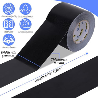 4 Inch Black Duct Tape - 4 Pack Heavy Duty Duct Tape, Totals 220 Yards, 8.3 mil Thickness, Strong, Flexible, No Residue, All-Weather and Tear by Hand - for Repairs, Industrial, Professional Use - color: Black, size: 4inch x 220 yards