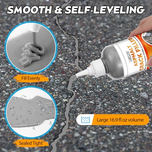 Asphalt Crack Filler Kit, 16.9 fl oz Self-Leveling Blacktop Driveway Sealant, Crack Filler for Asphalt Concrete Joint, Sidewalk, Pavement and Parking Lot, with Gloves and Scraper