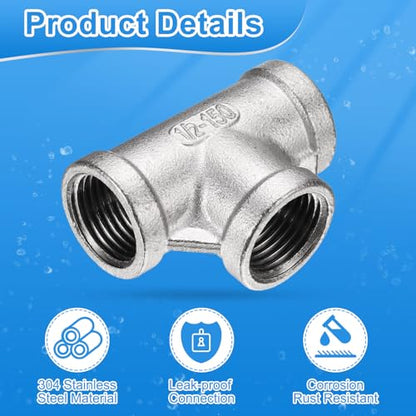 uxcell 4 Pcs 304 Stainless Steel Tee Pipe Fittings G1/2" Female Tee Adapter 3 Way t Shaped Cast Pipe Fitting Connector with Seal Tape for Plumbing Drainage Pipes Heating Systems - size: G1/2"