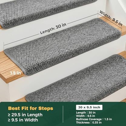 MBIGM Bullnose Non-Slip Stair Treads w/Reusable Adhesive 14 Pack 9.5" x 30" Wooden Steps Protection - TPU Backing with Steel Reinforcement - Anti-Slip Solution Knitted Dark Gray Non Slip Stair Tread - color: Dark Gray - Knitted