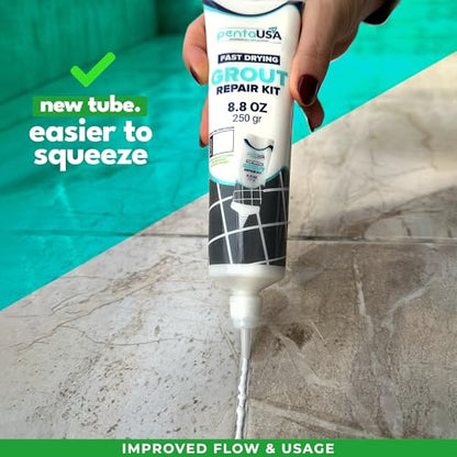 PentaUSA Tile Grout Repair Kit - White Premixed Acrylic Sanded Grout Filler for Bathroom, Shower, and Kitchen, Water-Resistant Tube with Applicator, Fills Cracks and Gaps, Fast Drying (8.8oz / 250g) - style: Indoors