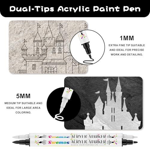 Swemos Acrylic Paint Pens Markers, Dual Tip with Fine Tip and Brush Tip Pens Acrylic Paint Markers Waterproof Acrylic Markers Set for Rock, Canvas Stone, Wood, Glass, Metal (BLACK+WHITE, 2) - style: BLACK+WHITE