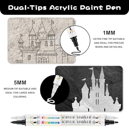 Swemos Acrylic Paint Pens Markers, Dual Tip with Fine Tip and Brush Tip Pens Acrylic Paint Markers Waterproof Acrylic Markers Set for Rock, Canvas Stone, Wood, Glass, Metal (BLACK+WHITE, 2) - style: BLACK+WHITE