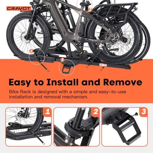 CRAVOT CyberRack E2 Plus EBike Rack with Ramp, 3Positions Foldable, 200 lbs Capacity Heavy Bike Rack Carrier for 2 E-Bike, Foldable Bike Racks for Tow Hitch Up to 5-in Fat Tire 2'' Receiver - style: E2 Plus 3position foldable Black-200lb Capacity+Ramp