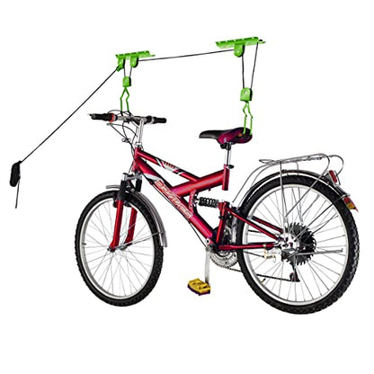 Bike Hanger Set - Set of 2 Overhead Pulley System Bike Hangers for Garage or Shed with 100lb Capacity for Bicycles or Ladders by Rad Sportz (Green)