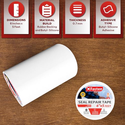 XFasten Waterproof Patch Seal Repair and Leak Shield Tape, White, 6-Inch x 5-Foot, Weatherproof Water Barrier Tape for Chimney, Roof, Boat, and HVAC Hose Repair - color: White
