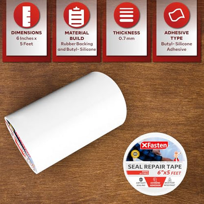 XFasten Waterproof Patch Seal Repair and Leak Shield Tape, White, 6-Inch x 5-Foot, Weatherproof Water Barrier Tape for Chimney, Roof, Boat, and HVAC Hose Repair - color: White