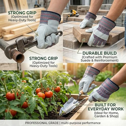 Work Gloves for Men, Durable Leather Mechanic Gloves with Rubberized Safety Cuff - color: Red