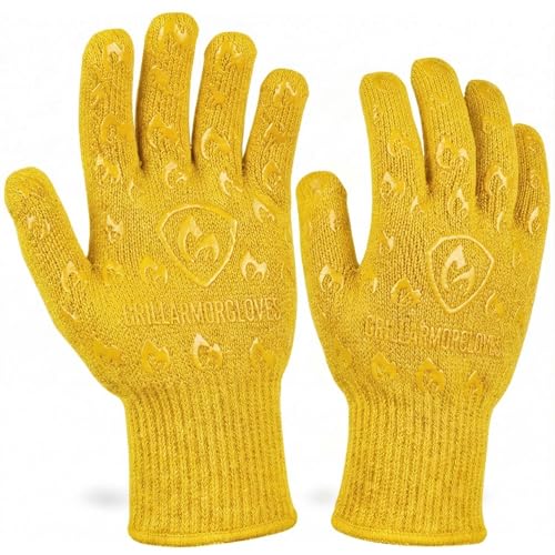 Grill Armor Oven Gloves with Fingers – 932°F Heat, Fire & Cut Resistant Mitts for BBQ, Grill, Cooking, Grilling, Baking, Smoker & Fire Pit - color: Yellow, size: One Size Fits Most Standard Cuff
