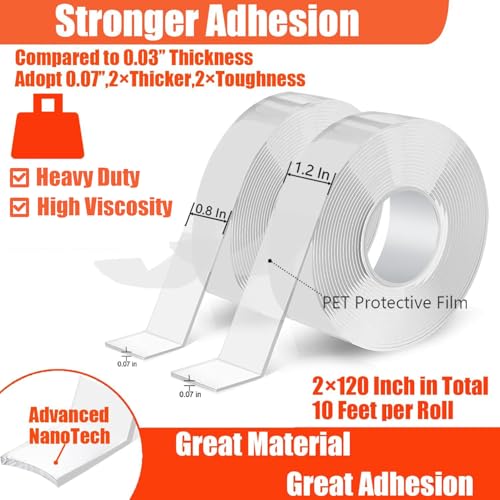 Double Sided Heavy Duty Extra Strong Adhesive Removable Tape - 1.2 & 0.8 Inch x 20 feet - Nano Tape for Poster Carpet Picture Hanging Strip Rug Wall Outdoor - Multipurpose Clear Mounting Tape - size: 1.2" & 0.8"