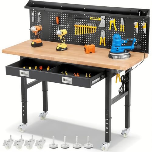 ENJOYWOOD 60" x 22" Heavy Duty Workbench Adjustable Height Garage Work Table with Solid Rubberwood Top, Wheels, Drawers, Pegboards & Power Outlets for Workshop, Home & Office - size: 60 Inch