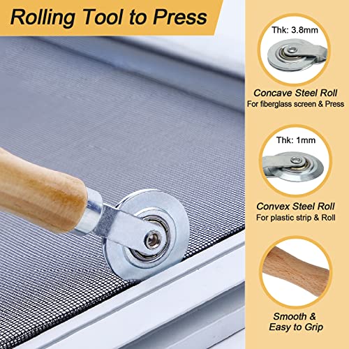 14Pcs Screen Repair Kit, Screen Repair Spline Tool 2Pcs Screen Rolling Tool with Bearing Spline Tools/Screen Spline Removal Hook/Groove Cleaning Brush/ 10Pcs Screen Installer Clips