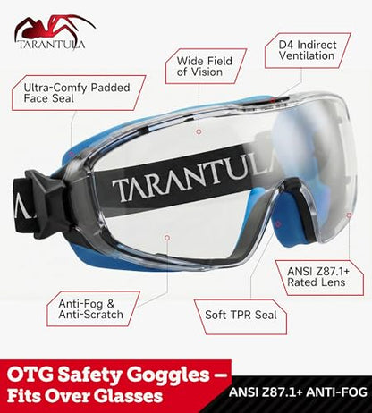 Tarantula ANSI Z87.1+ Safety Goggles Over Glasses, Anti-Fog & Anti-Scratch, Adjustable Strap, Lab Eye Protection, Woodworking - color: Clear & Blue