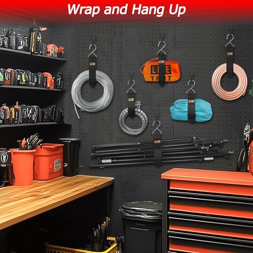Hanging Extension Cord Holder - Storage Wrap Straps with Metal Hooks 10Pack 15" 22" Heavy Duty Garage Organizer Tool Hangers - Garden Hose Power Electrical Cable Rope RV Shed Camping Organization