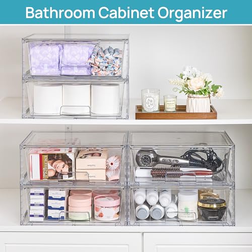 Vtopmart 4 Pack Large Stackable Storage Drawers,Easily Assemble Clear Acrylic Bathroom Closet Undersink Organizers,Plastic Storage Bins for Cabinet,Kitchen Pantry,Medicine Organization