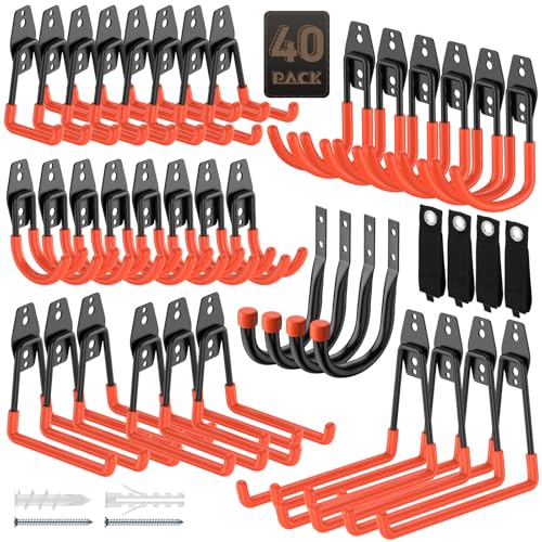 40 Pack Garage Hooks, Heavy Duty Steel Wall Mount Utility Hangers with Anti-Slip Coating for Hanging Bikes, Ladders, Power Tools, and Garden Equipment - color: 40 Pack Orange