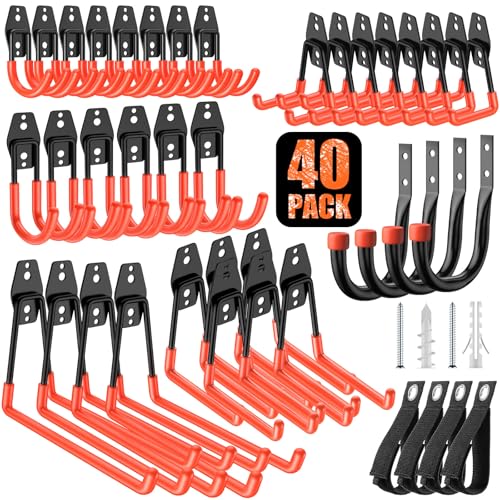 40 Pack Heavy Duty Garage Hooks,Solid Steel Wall Mount Hangers,with Anti-Slip Coating,for Hanging and Organising Ladder,Bike,Ropes,Broom,Garden,Yard and Power Tools - color: 40 Pack Orange