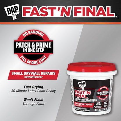 DAP Fast 'N Final Lightweight Spackling, White, 8 Oz (7079812140) (Pack of 6) - size: 8 Fl Oz (Pack of 6)