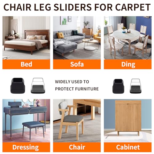 Ezprotekt Chair Leg Sliders for Carpet, 24 Pcs Square Chair Glides for Carpet, Carpet Furniture Pads Stool Leg Protectors Caps, Carpet Furniture Glides Quickly and Easily (M Fit: 0.75" - 1") - size: M - Clear