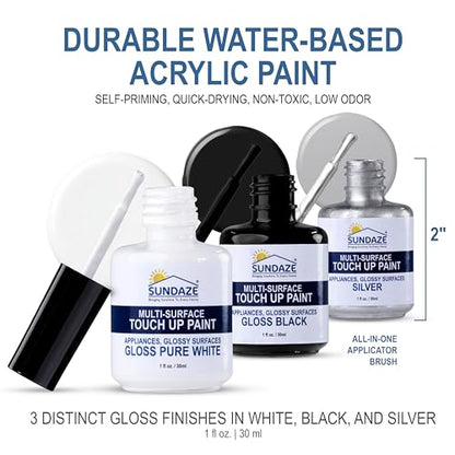 Sundaze Gloss Appliance Touch-Up Paint Pen Kit - Stove, Refrigerator, Washer, Dryer Touch Up - 3 Glossy Colors White, Black, Silver - Instantly Repair & Restore Scratches, Chips, Stains - Color Match
