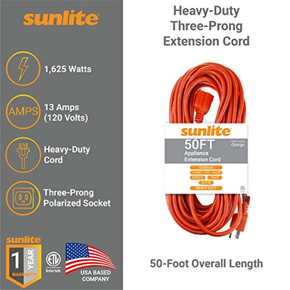 Sunlite Outdoor Heavy Duty 50 Feet Three Prong Extension Cord, 13 Amp, 50'(16/3) Orange - size: 50'(16/3)