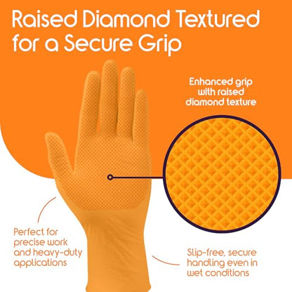 Inspire Heavy Duty Orange Nitrile Gloves | ULTRA 8 Mil Diamond Textured Grip | Industrial Mechanic Disposable Cleaning Gloves - size: Medium