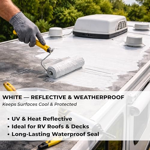 White RV Roof Coating - Solar Reflective Liquid Rubber Waterproof Sealant - UV & Heat Resistant Protective Paint for Camper, Trailer & Metal Roofs - Cool Roof Elastomeric Membrane - 1 Quart - color: WHITE
