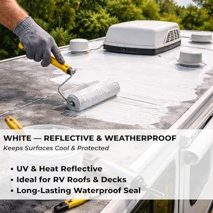 White RV Roof Coating - Solar Reflective Liquid Rubber Waterproof Sealant - UV & Heat Resistant Protective Paint for Camper, Trailer & Metal Roofs - Cool Roof Elastomeric Membrane - 1 Quart - color: WHITE