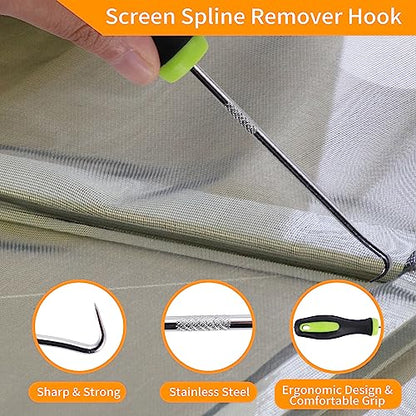 QWR 4 in 1 Window Screen Repair Tool Kit,Including 32Ft Spline Replacement,Steel Roller with Bearing,Spline Removal Hook and High Quality Scissors,for Installing Door Mesh Screens., Black (QWR-56321)