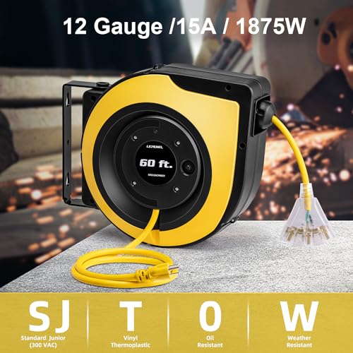 60 Ft Retractable Extension Cord Reel, 3 Power Outlets with Indicator Lights, 12AWG/3C SJTOW Heavy Duty Power Cord, 15 Amp Circuit Breaker, Wall Mount and Ceiling Mount,UL Certified