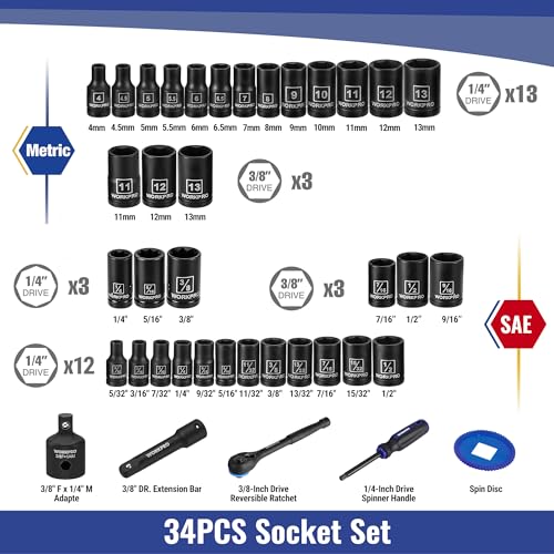 WORKPRO 39PC Drive Socket Wrench Set, 1/4'' & 3/8'' Sockets Kit, 3/8" Ratchet, Extension Bar, Spinner Handle & Adapter, Premium Black Phosphate Finish Mechanics Tool Set with Tool Box, Metric & SAE - color: Black