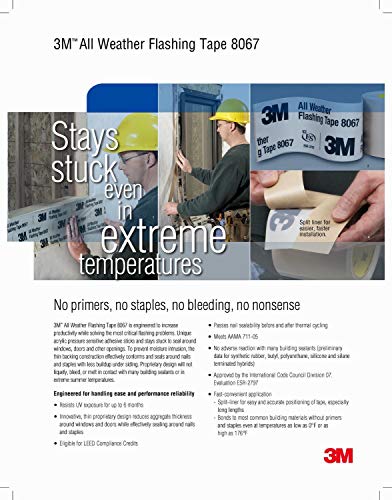 3M All Weather Flashing Tape 8067, 6 in x 75 ft, 1 Roll, Adhesive Backed Split Liner, Prevents Moisture Intrusion, Waterproof Flashing Seals Doors, Windows, Openings in Wood Frame Construction - size: 6 in x 75 ft