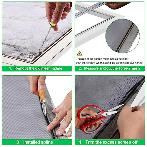 QWR 4 in 1 Window Screen Repair Tool Kit,Including 32Ft Spline Replacement,Steel Roller with Bearing,Spline Removal Hook and High Quality Scissors,for Installing Door Mesh Screens., Black (QWR-56321)