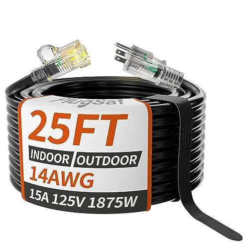 PlugSaf 14/3 Gauge Black Outdoor Extension Cord 25 ft Waterproof with Lighted Indicator, Cold Weatherproof -40°C, Flexible 3 Prong Extension Cord Outside, 15A 1875W 14AWG SJTW, ETL Listed - color: Black, size: 25FT