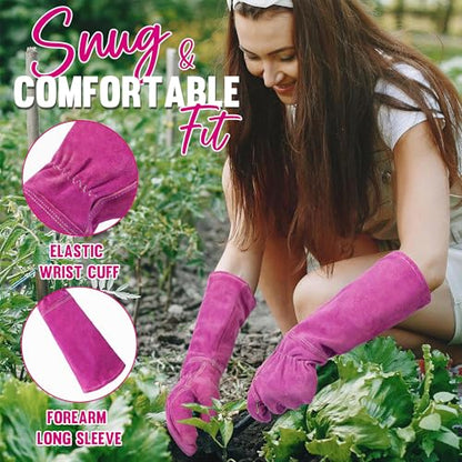 HANDLANDY Ladies Leather Gardening Gloves, Thorn Proof Women Rose Pruning Garden Yard Glove, Heavy Duty Long Sleeve Gloves (Small, Rosy) - color: Rosy, size: Small (Pack of 1)