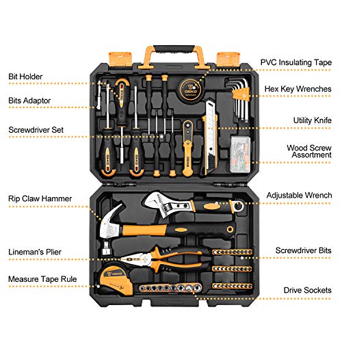 DEKOPRO 100 Piece Tool Set,General Household Hand Tool Kit,with Plastic Toolbox Storage Case for Handyman,Home Maintenance