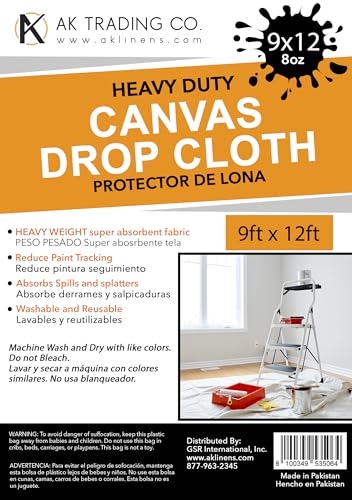 AK Trading CO. Heavy Duty Canvas Drop Cloth, Painters Drop Cloth for Furniture & Floor Protection with Sturdy Double Stitched Edges (9 ft x 12 ft),Natural,DROPCLOTH-9x12 - size: 9 ft x 12 ft
