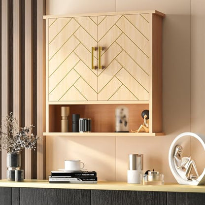 Natural Chevron Pattern Bathroom Wall Mount Cabinet, Gold Accent Hanging Medicine Cabinet with Open Shelf, Over The Toilet Storage Organizer for Home (23 5/8" x 22 7/8" x 7 1/8") - style: Chevron Pattern-Natural