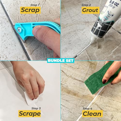 PentaUSA Tile Grout Repair Kit with Removal Tool - Premixed Acrylic Sanded Grout Filler for Bathroom, Shower, and Kitchen, Includes Applicator Spatula, and Sponge - White (8.8oz / 250g) - style: White