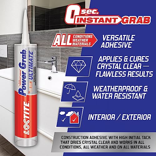 Loctite Power Grab Ultimate Crystal Clear Construction Adhesive, 9 fl oz Cartridge, 1 Pack - Versatile Construction Glue for Cement, Tile, Wall & More - size: 1 Pack