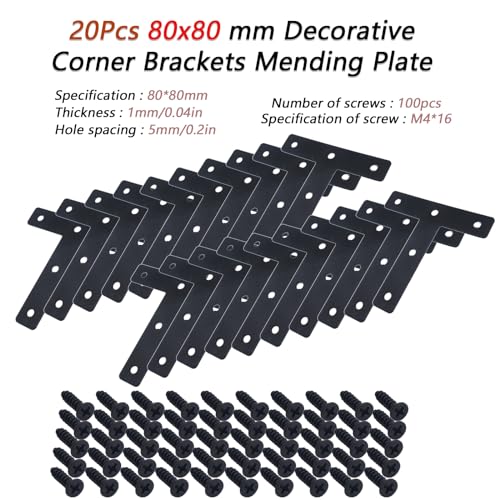 20pcs T Flat Shape Braces Corner Bracket, 80x80 mm Decorative Corner Brackets Mending Plate, Stainless Steel T-Shaped Bracket for Wood Furniture Fixing - size: T Black 80x80 mm