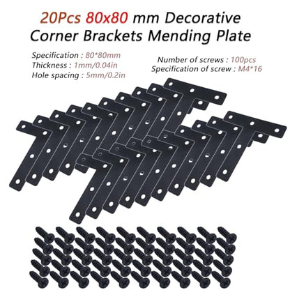 20pcs T Flat Shape Braces Corner Bracket, 80x80 mm Decorative Corner Brackets Mending Plate, Stainless Steel T-Shaped Bracket for Wood Furniture Fixing - size: T Black 80x80 mm